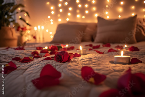 Romantik im Bett: Liebevolle Dekoration mit Rosenblättern, Sekt und Kerzenlicht schafft ein zauberhaftes Schlafzimmerambiente