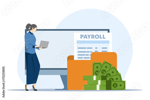 Concept of financial administration arrangements. business accounting, organization and auditing. Characters calculate and fill out payslips and payroll reports. Flat vector illustration on background