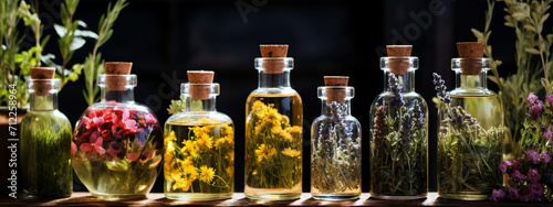 jars with essential oil of medicinal flowers on a wooden table