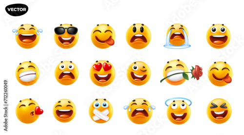 3d vector style design of funny collection of emoji with smile, tongue, kiss, heart and tear. Vector large set of illustration of happy fun yellow color emoticon with different emotion on white