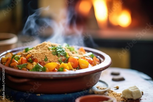 tagine pot in a rustic oven with glowing embers around