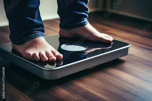 Fat man stands on floor scales