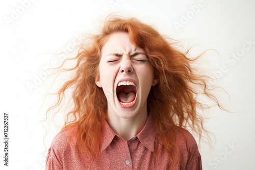 Portrait of young angry woman screaming on white background