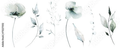 Watercolor floral set of blue, gray, turquoise poppy, rose, peony flowers. Traced vector watercolour clipart drawing.