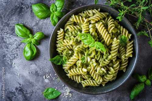 Top view of Italian cuisine fusili pasta with basil pesto herbs on a gray stone background
