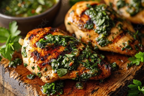 Ready to eat homemade grilled chicken breast seasoned with chimichurri