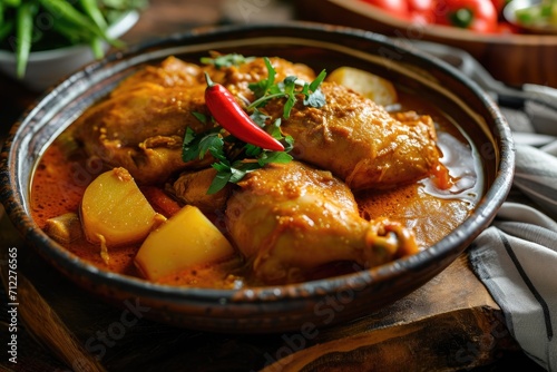 Malaysian chicken curry with potatoes focused on