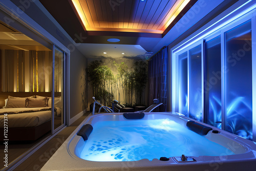 A serene spa room with soft lighting and a comfortable hydrotherapy bed.