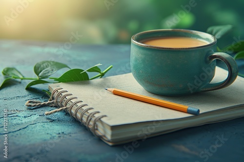 Blank a white notebook with a pencil and coffee in a cup next to it on a wooden table or background with space for text or inscription, top view.
