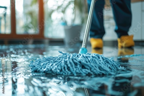 Professional concept of cleaning man holding plastic mop washing dirty floor in closeup background