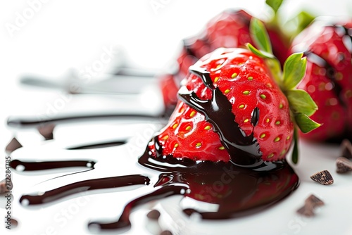 Chocolate syrup is dripped onto a strawberry against a white background