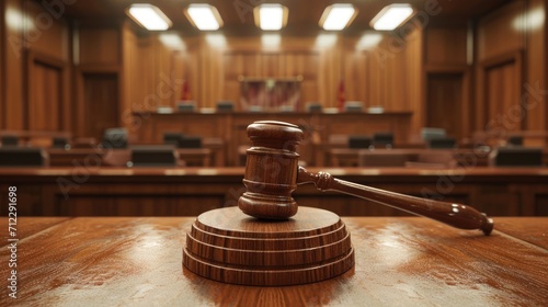 photograph of a judge's gavel prominently placed on a wooden stand in the foreground of a traditional courtroom. The background shows the judge's bench, witness stand, and jury box