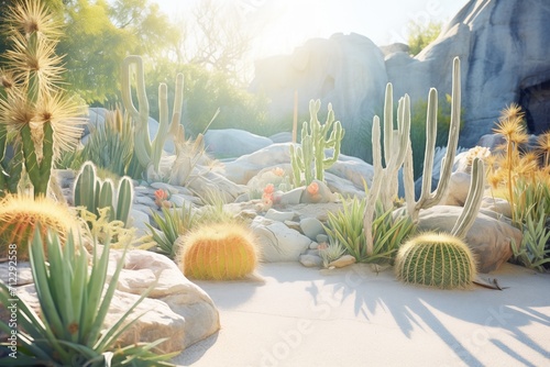 rock garden featuring cacti and aloes under sunlight