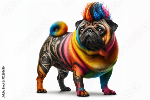full body pug dog with a color mohawk on his head on a white background. ai generative