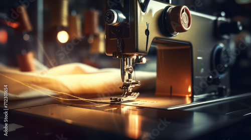 Close-up shot of sewing machine needle with defused light and kitchen blurred background