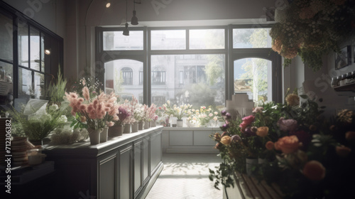 photograph of a flower shop with a large window in the morning light