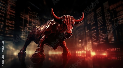 big giant fierce bull with Stock Market with light background, Bullish position, Generative Ai