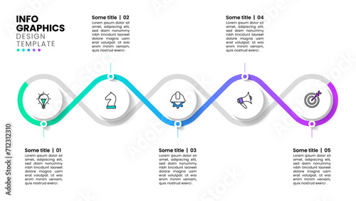Infographic template. 5 connected circles in a row with icons