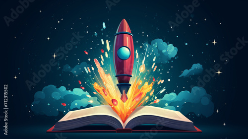 Opened book. Rocket launching in flat art style