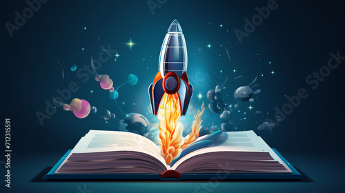 Opened book. Rocket launching in flat art style