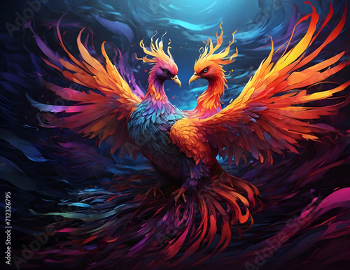 Abstract colourful lovely phoenix birds wave art image