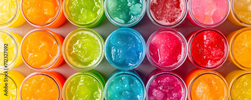 Summer concept - colorful slush drinks, vacation vibe, top view
