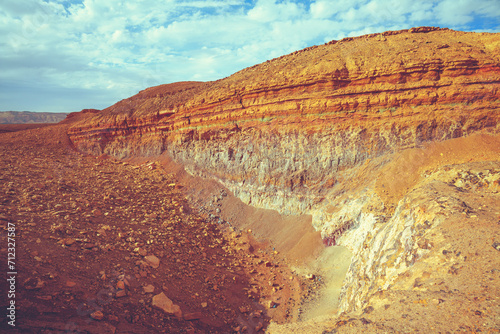 Mountain landscape, desert. Colorful sandstone. National Park Makhtesh Ramon Crater in Negev desert, Israel