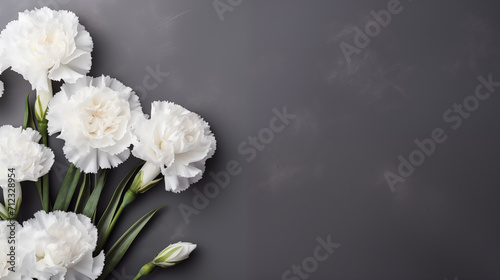 Minimalist Sympathy Condolences card. Carnations flowers on a muted grey background. Funeral concept. Copy space 