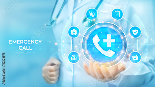 Emergency call. Medical call center hotline. SOS. First aid. Emergency application. Doctor holding in hand Phone call sign, medicine icons network connection on virtual screen. Vector illustration.