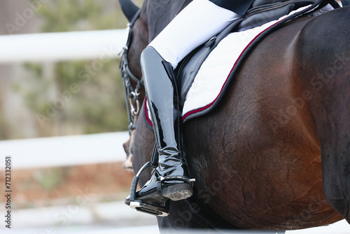 The rider's leg is a close-up of a dressage competition. Bay horse