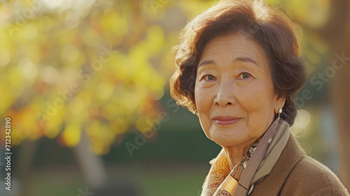 Elderly asian lady outdoors with copy space