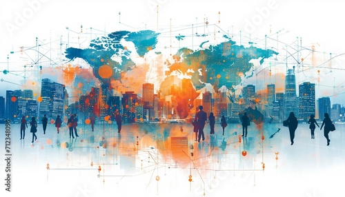 Global business structure of networking, Illustrate the concept of a global business network with visuals of diverse professionals, international collaboration, and a connected digital world.