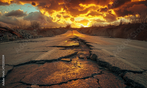 Road with a long crack, The effects of an earthquake., Natural Disasters