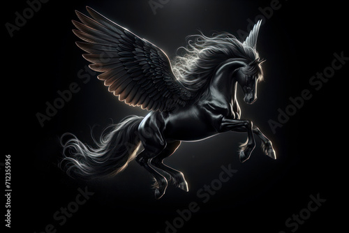 Majestic black horse with wings flying on solid black background. ai generative