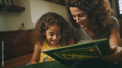Uma mulher brasileira lendo um livro de historias com sua filha 