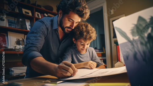 Homem brasileiro ajudando seu filho no dever de casa 
