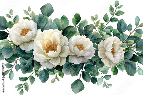 Watercolor floral illustration - white flowers, rose, peony, leaves and branches wreath frame. Wedding stationary, greetings, wallpapers, fashion, background. Eucalyptus, olive, green