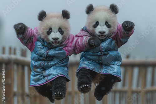 2 pandas habiller en survêtement en train de danser dans la rue