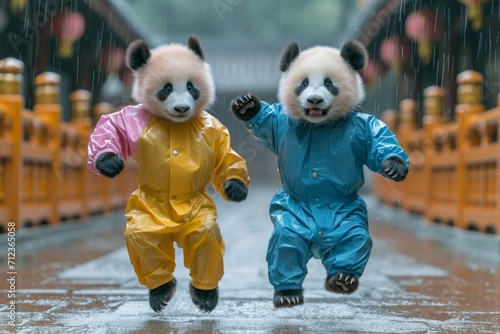 2 pandas habiller en survêtement en train de danser dans la rue