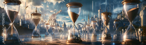 Hourglass city, the world of time, fantastic surreal illustration.