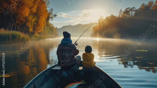 dad and son catch fish with a fishing rod, sit on a boat on the river bank, autumn