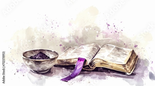 Illustration of an open bible with a purple bookmark and a bowl of ashes beside it, representing Ash Wednesday, tranquil and solemn mood, watercolor style