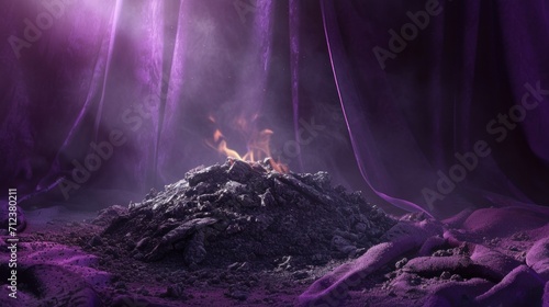 Smoldering Ash Pile with Purple Cloth for Ash Wednesday. Artistic rendering of a smoldering ash pile, symbolic for Ash Wednesday, with a purple cloth draped in the background
