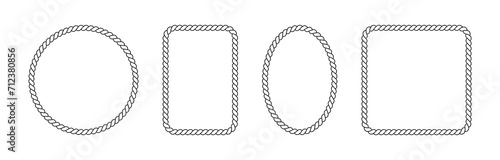 Braided rope frames. Collection of borders in the shape of square, circle and oval. Vector pack of thin and thick elements isolated on a white background.