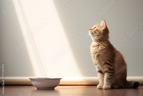 A cat in the kitchen near an empty food bowl is waiting to be fed, a hungry pet