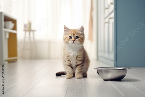 A cat in the kitchen near an empty food bowl is waiting to be fed, a hungry pet