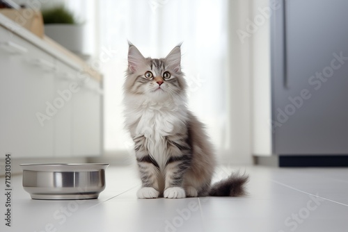 A cat in the kitchen near an empty food bowl is waiting to be fed, a hungry pet