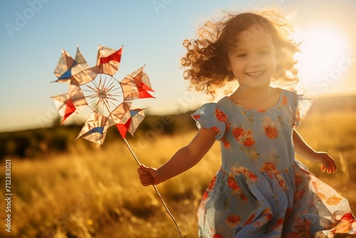 A girl in a dress runs across a field on a clear sunny day with a children's toy windmill, a weather vane rotates in the wind