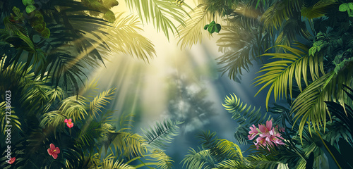 Floresta com plantas e árvores tropicais com a luz do sol vindo do céu 