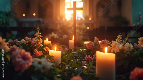 A candlelit altar with a cross adorned with fresh flowers, creating a serene religious atmosphere, Christian cross, religious